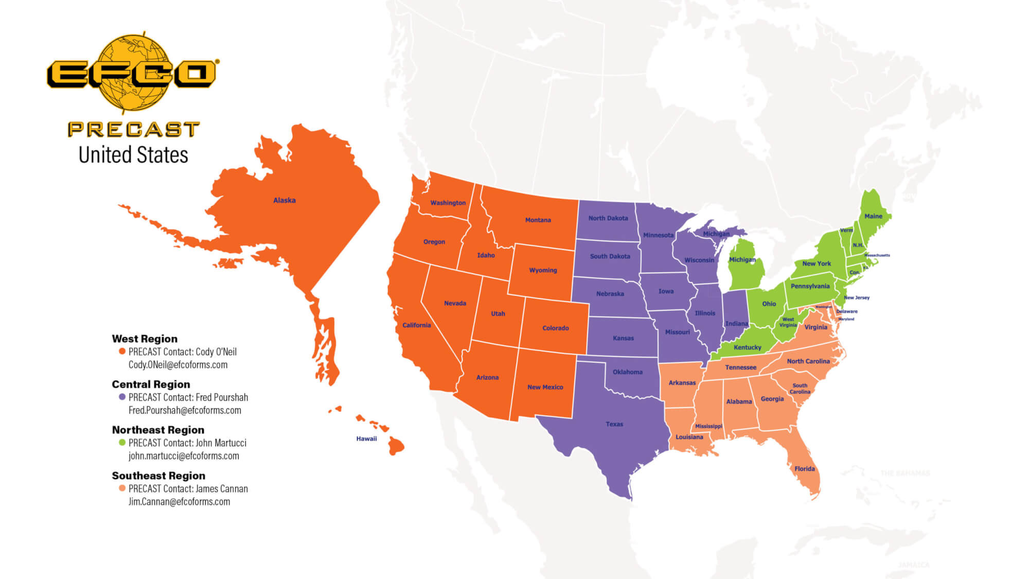 EFCO United States Precast Regional map with the regions Precast contacts