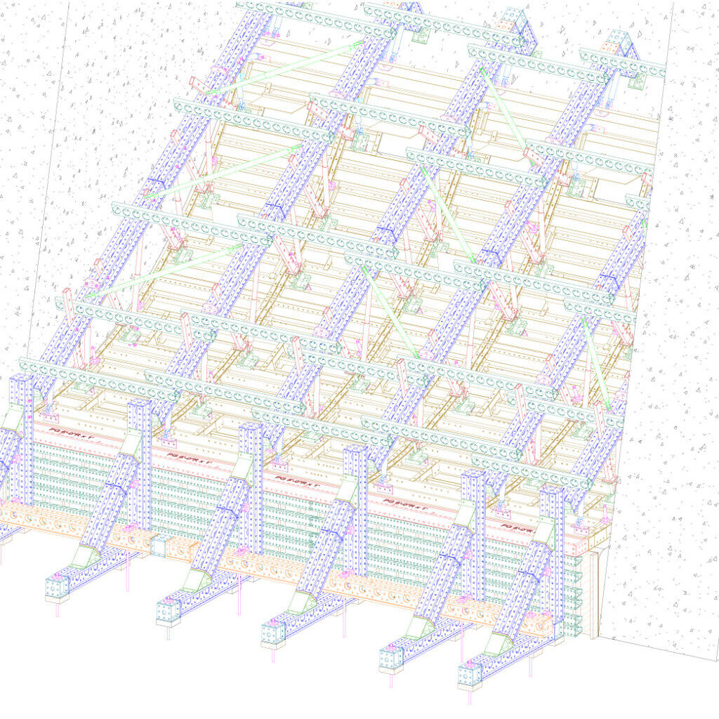 Detailed Revit drawing of the spillway, showing the different components in various colors. EFCO's engineers modeled the unusual geometry in Revit. The software produced clear 3D drawings that showed how the assemblies fit together before any piece reached the water.