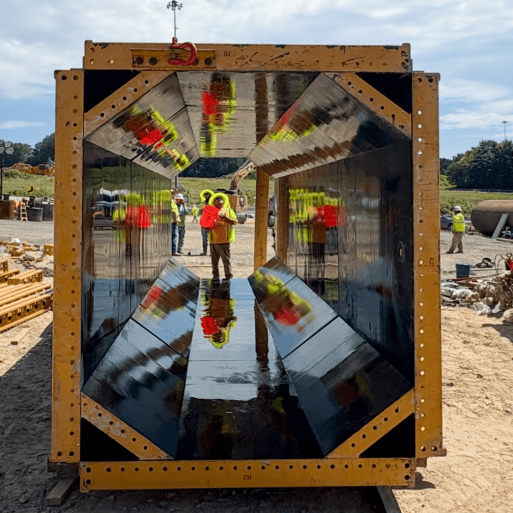 An interior look of the PLATE GIRDER column on it's side looking in, featuring custom fillets at the corners that EFCO supplied and fabricated. This gives the finished columns a more octagon shape