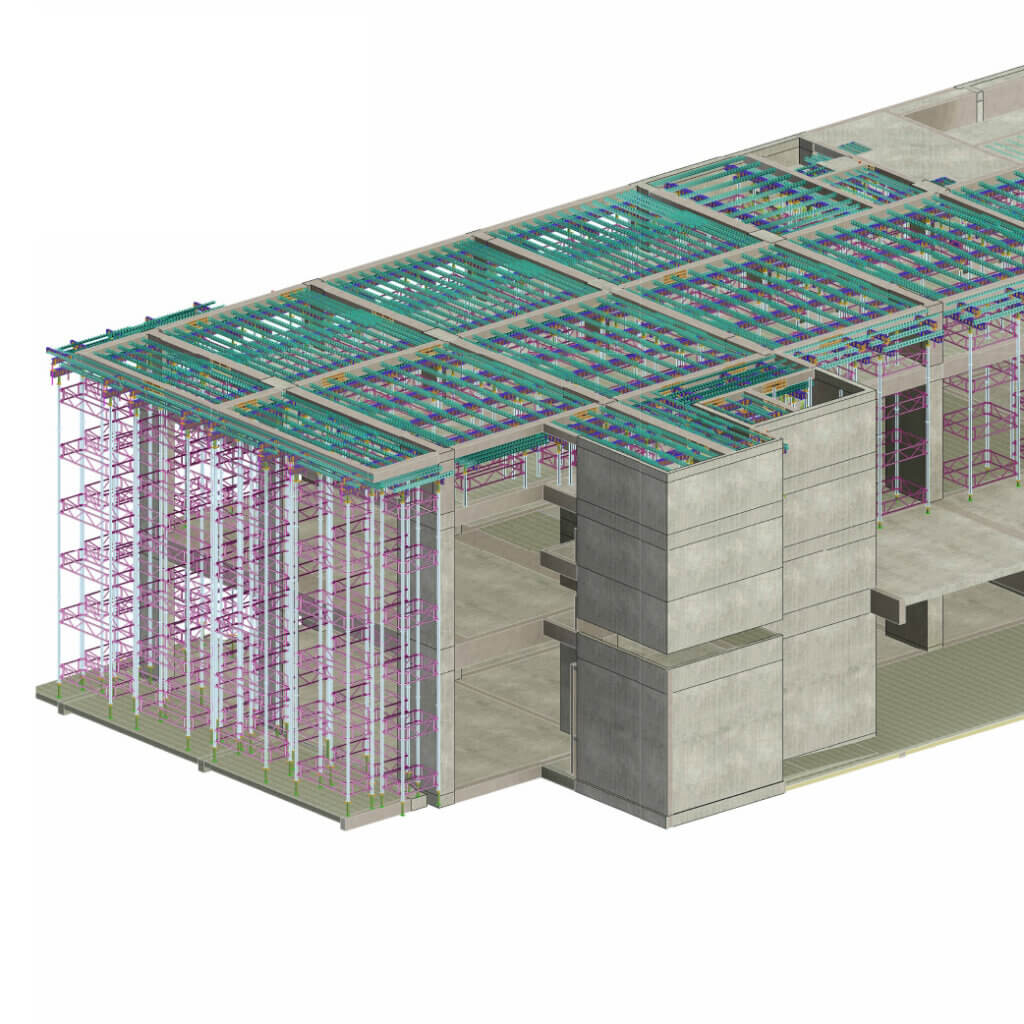 3D Revit model showing the shoring and forming systems. Erection and shoring drawings covered every tower down to the smallest connection, planning double and triple heights, cantilevered slabs, and long clear spans before they reached the field.